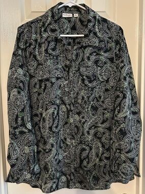 Kim Rogers Black & White Paisley Blouse with Mint Accents